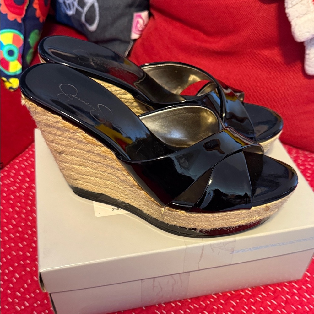 Jessica Simpson Black Patent Wedge Sandals